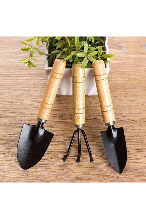 Garden Tools Set 3 Piece Mini Hand Shovel Trowel Cultivator Rake with Wood Handle for Indoor Outdoor Planting