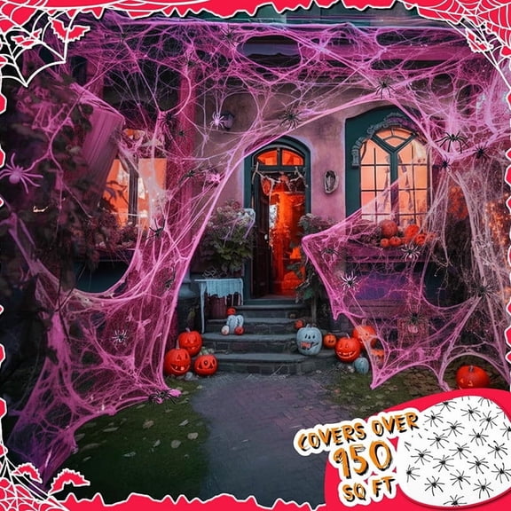 MMJ Halloween Decorations 300g Pink Stretch Spider Web Cotton Set with 60 Black Spiders Yard Decor