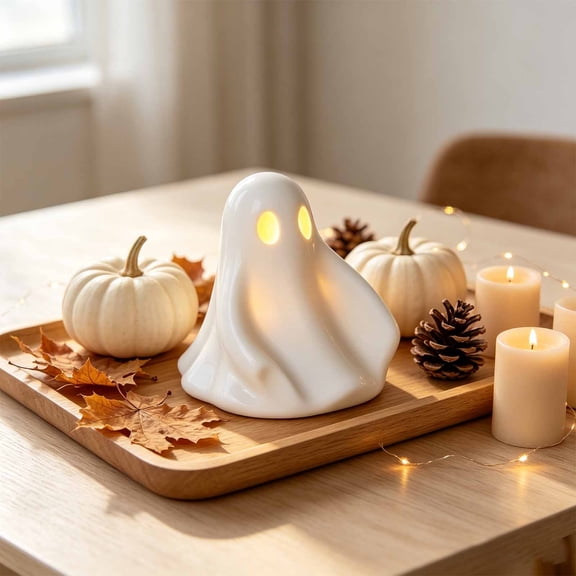 MMJ Halloween Decorations Matte White Ceramic Ghost LED Night Light Glowing Draped Figurine for Mantel Shelf Tabletop