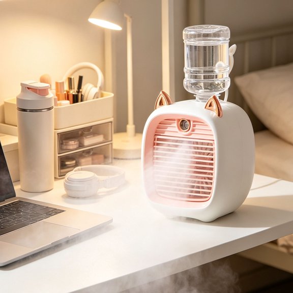 MMJ Portable Fan Cute Fox Ear Misting Mini Desk Fan USB Rechargeable Water Bottle Evaporative Air Cooler Bedroom Office