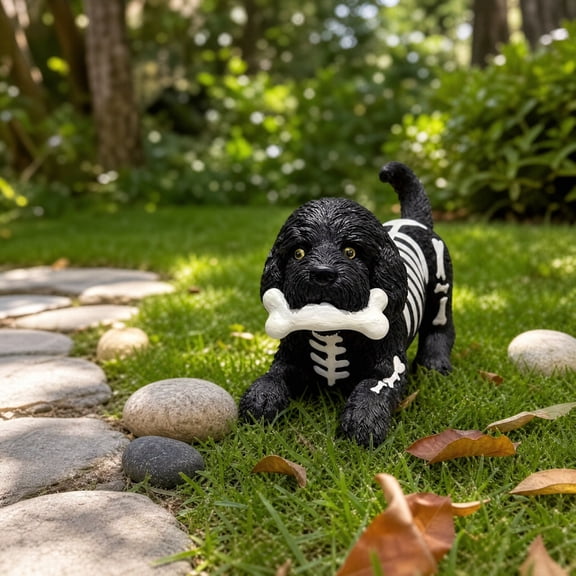 MMJ Halloween Decorations Resin Skeleton Print Dog Figurine Black Curly Spooky Puppy Holding Bone Tabletop Mantel 8.66x5.51x4.72in
