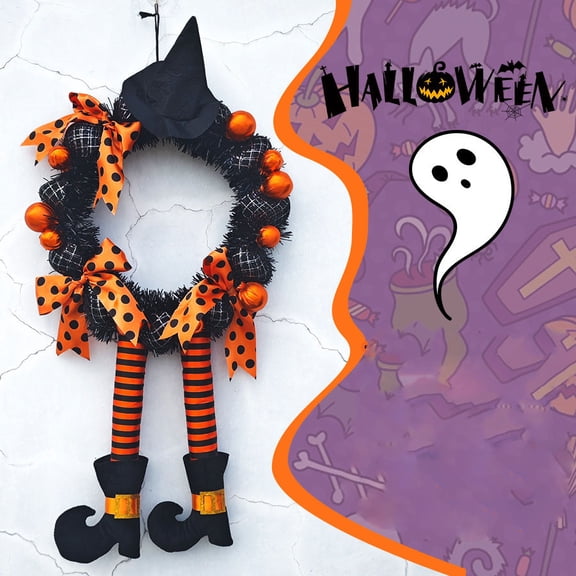 MMJ Halloween Decorations Witch Wreath with Hat Legs Black Orange Front Door Hanging for Porch Wall Home