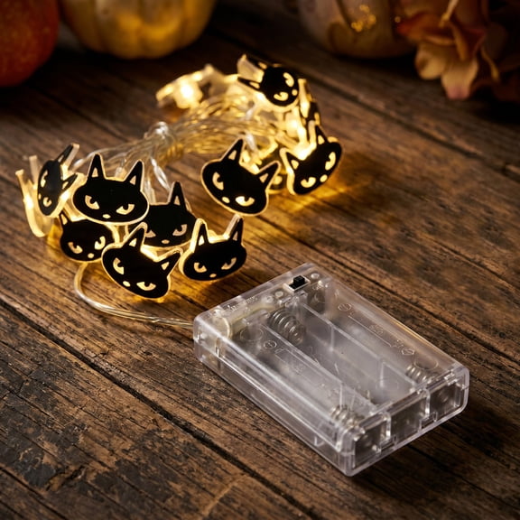 MMJ Halloween Lights Decorative Black Cat String Battery Operated Warm Glow for Indoor Party Home Decor 78.74in