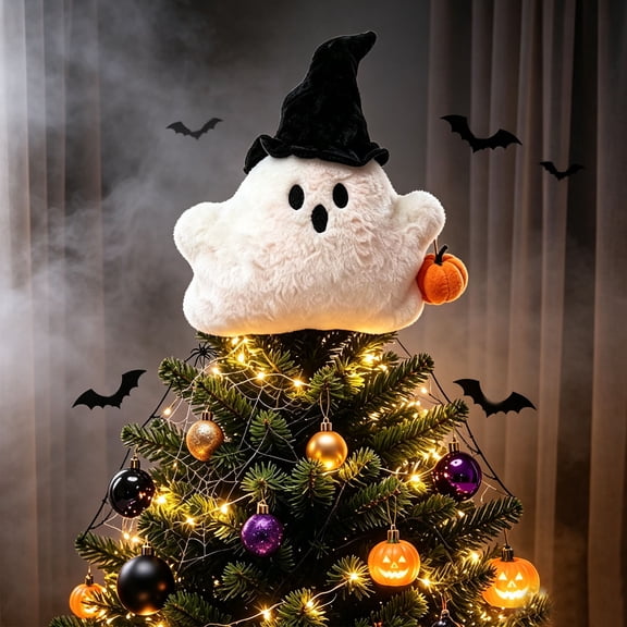 MMJ Halloween Tree Topper, Plush Ghost Witch Hat Ornament, Soft Spooky Tree Top Star, 8.66in