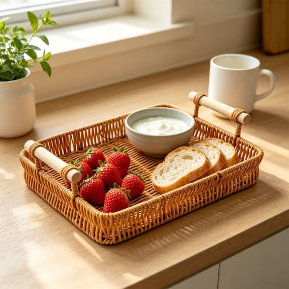 MMJ Handwoven Rattan Serving Tray with Wooden Handles Rectangular Basket for Fruit Food Storage Decor 11.02x7.87in