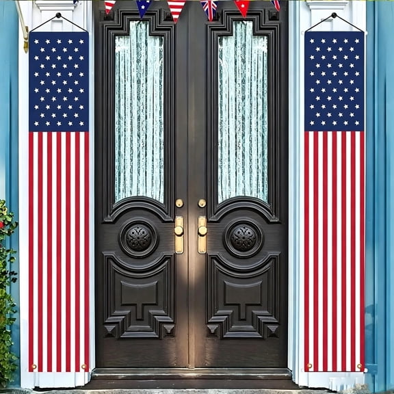 MMJ Hanging American Flag Banner 2 Pack 14x72in with Rod String for 4th July Porch Decor