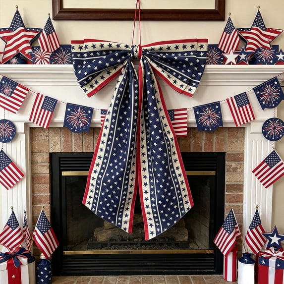 MMJ Independence Day Bow Large Satin Red White Blue Hanging Wreath Front Door Patriotic Party Decoration, 35.43x23.62in