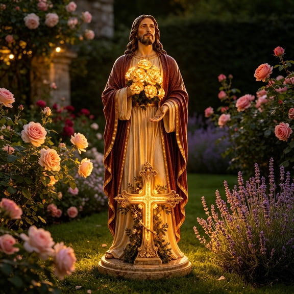 MMJ Jesus LED Light Resin Statue Glowing Golden Roses Religious Figurine for Home Altar Gift
