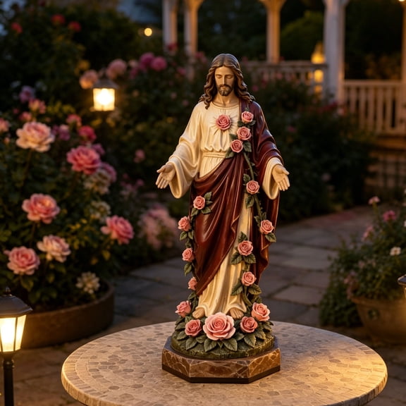 MMJ Jesus Resin Garden Statue with Glowing Golden Roses LED Light 7.87in for Altar Home Decor Catholic Gift