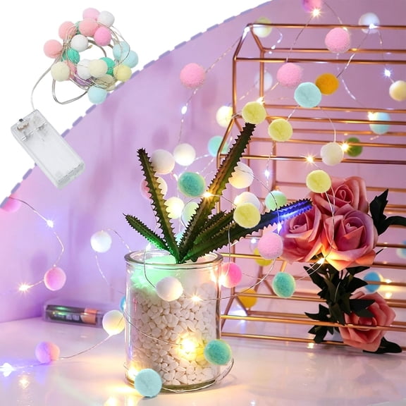 MMJ Led Lights Colorful Cotton Ball String Lights Fluffy Yarn Ball Fairy Lights Battery Operated Warm 78.74in Bedroom Wedding Party Decor