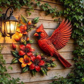 MMJ Metal Bird Wall Art Colorful Flower Hanging Sculpture for Outdoor Garden Fence Porch Patio Decor 11.81in