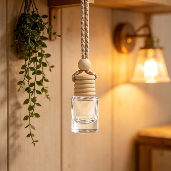 MMJ Mini Glass Aroma Diffuser Bottle with Wood Cap Hanging Pendant for Car Wardrobe 5ml 2.05in