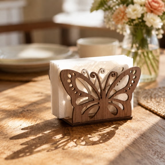 MMJ Napkin Holder Wooden Butterfly Cutout Tabletop Tissue Dispenser Rack Home Decor 6.49x3.74in