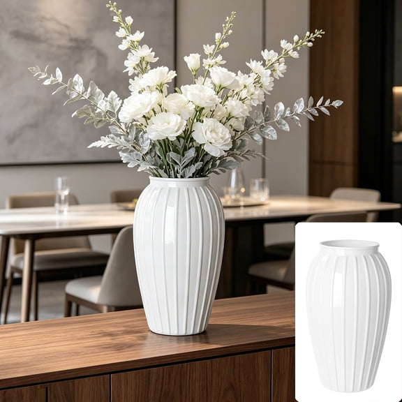 MMJ Oval Stripe Plastic Vase Non Fragile Table Centerpiece Flower Decor Container Home Office Wedding 8.66x5.12x5.12in