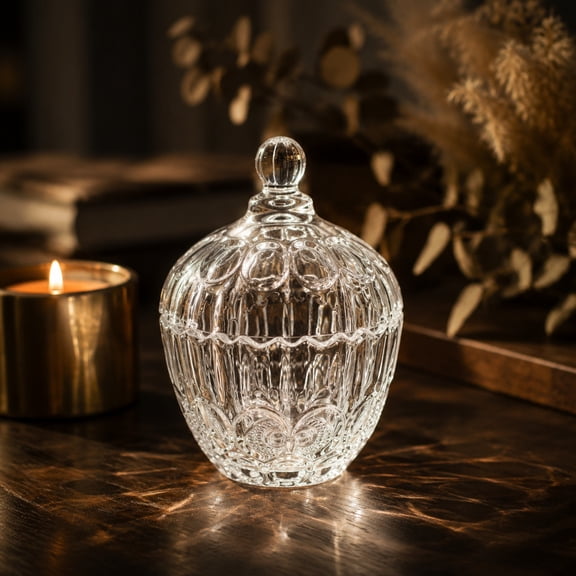 MMJ Owl Embossed Crystal Glass Storage Jar with Lid for Candy Jewelry 5.51x3.93in