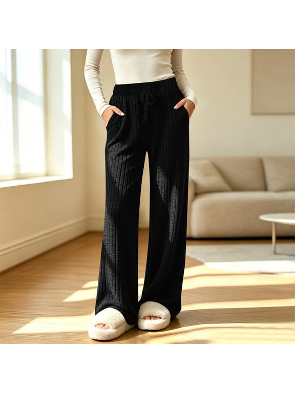 Pants for Women, Soft Ribbed Knit Solid Color Brushed Wide Leg Trousers with Drawstring Elastic Waist and Pockets