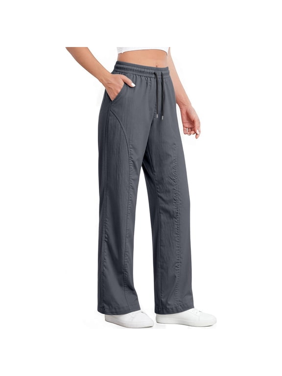 Pants for Women, Solid Flat Front Straight Leg Casual Loose Elastic Waist Outdoor Full Length Trousers