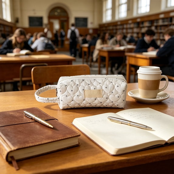 MMJ Pencil Case Heart Dot Quilted Cute Stationery Pouch Portable Handheld Pen Makeup Organizer 7.20x3.35in