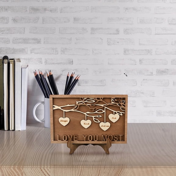 MMJ Personalized Family Tree Wooden Picture Frame Custom Name Heart Shape Desktop Display Sign Wall Decor 10x6.3in