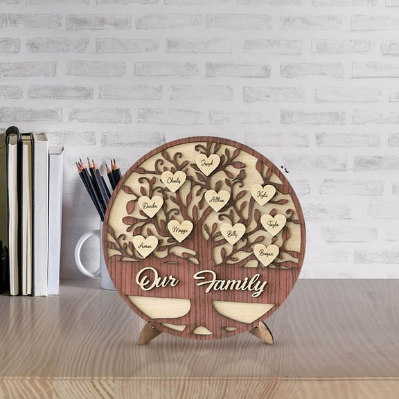 MMJ Personalized Family Tree Wooden Picture Frame Custom Name Heart Shape Desktop Display Sign Wall Decor