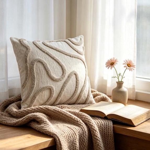 MMJ Pillow Cover Minimalist Line Embroidered Cotton Decorative Cushion Case for Living Room Bedroom Sofa 17.71x17.71in