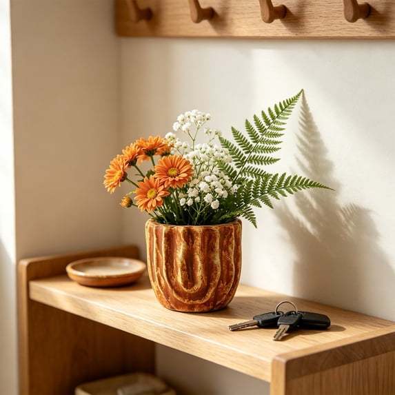 MMJ Plant Stand Indoor Antique Wavy Ceramic Flower Pot Vintage Striped Planter with Drainage Hole for Home Living Room 4.33x4.33x3.54in