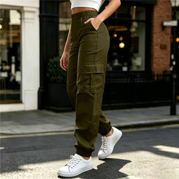 MMJ Plus Size Cargo Pants for Women Tapered Tummy Control Elastic Waist Drawstring Joggers with Pockets Solid Casual Full Length