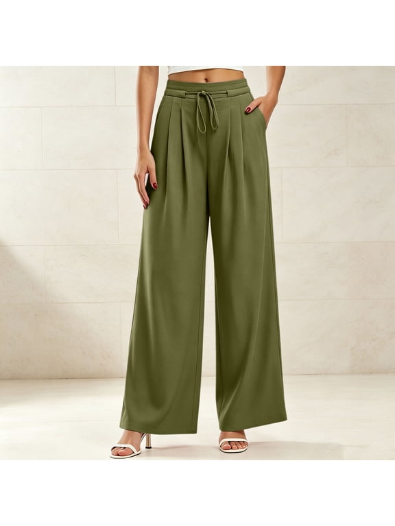 Plus Size Dress Pants for Women Solid Baggy Wide Leg Pleated High Waist Drawstring Elastic with Pockets Professional Business Work Pants