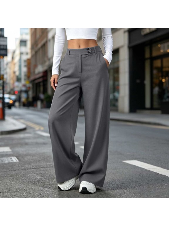 Plus Size Dress Pants for Women Solid Flat Front High Waist Versatile Casual Loose Business Work Pants with Pockets