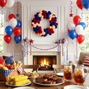 MMJ Pompom Wreath 13.8in Red Navy Beige Fluffy Ball for Front Door Independence Day Decor