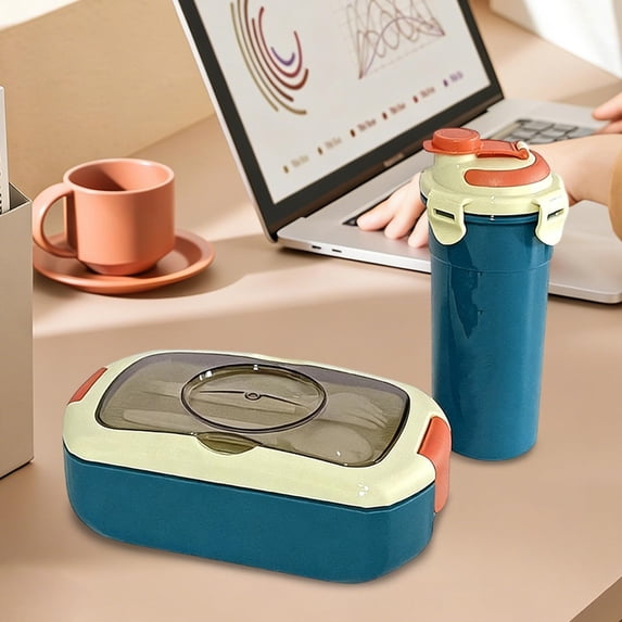 MMJ Portable Divided Lunch Box with Water Cup Set Microwaveable Leakproof Bento Set 8.3x4.9x2.8in