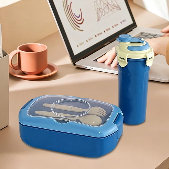 MMJ Portable Divided Lunch Box with Water Cup Set Microwaveable Leakproof Bento Set 8.3x4.9x2.8in