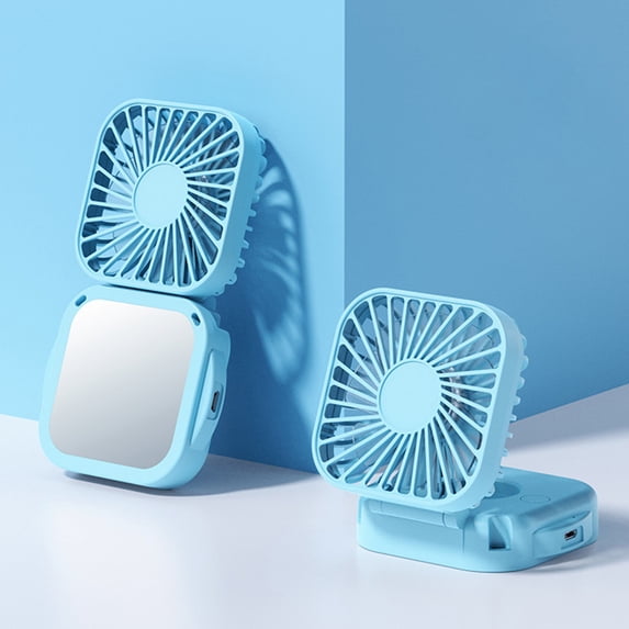 MMJ Portable Fan with Mirror Travel Essentials Foldable Handheld 3 Speeds USB Rechargeable with Lanyard