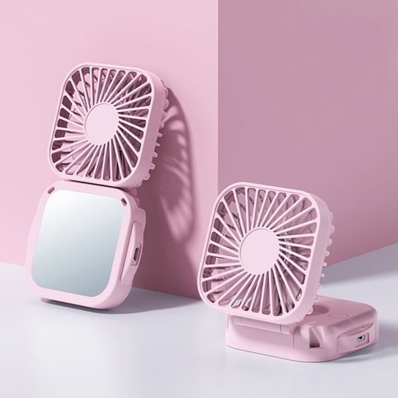 MMJ Portable Fan with Mirror Travel Essentials Foldable Handheld 3 Speeds USB Rechargeable with Lanyard