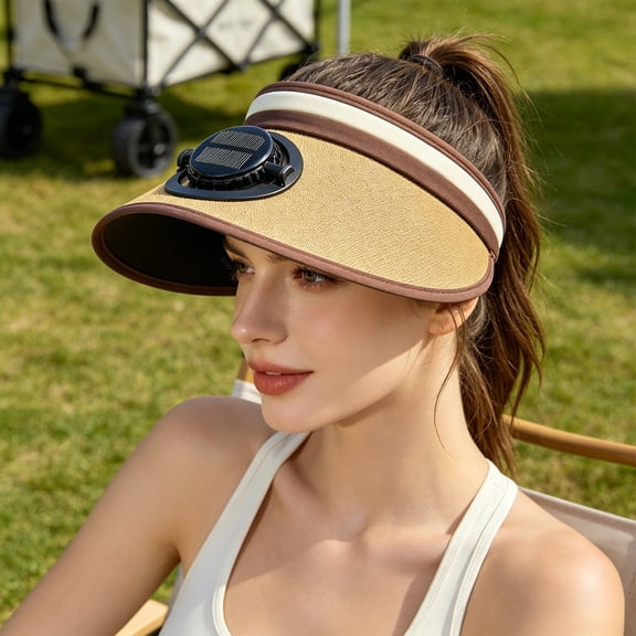 MMJ Rechargeable Solar Fan Sun Hat Wide Brim UV Protection for Outdoor Summer Cooling Fishing 7.87in