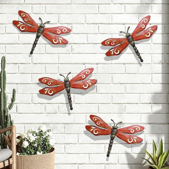MMJ Retro Wrought Iron Dragonfly Wall Hanging Outdoor Garden Courtyard Decoration Hand Painted Metal Art Weatherproof Rustic for Porch 15.75x9.84in 1pc