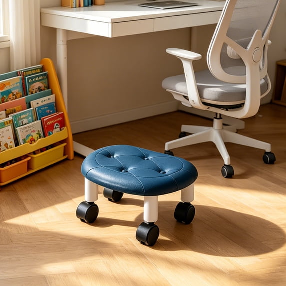 MMJ Rolling Low Stool with Wheels Padded PU Leather Seat Cleaning Home Use Compact Storage