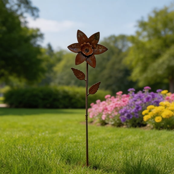MMJ Rusted Flower with Leaves Garden Stake Vintage Distressed Metal Yard Ornament for Flower Bed 27.6x6.5in
