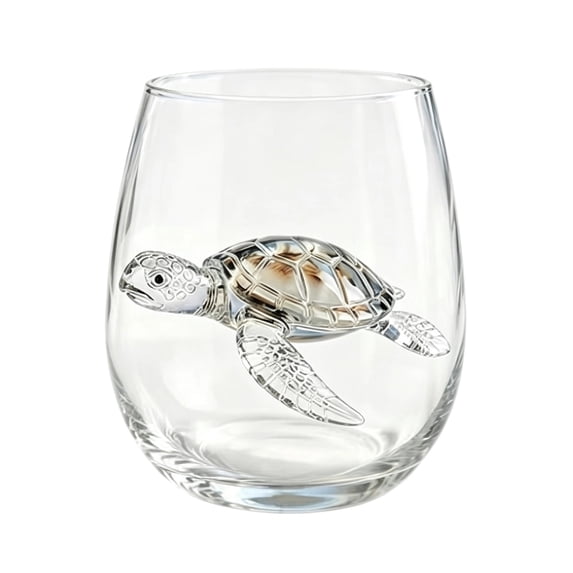 MMJ Sea Life Glass Tumbler Stemless Wine Cup Turtle Jellyfish Stingray Art Beach Themed Drinkware 3.54x3.15in Housewarming Gift