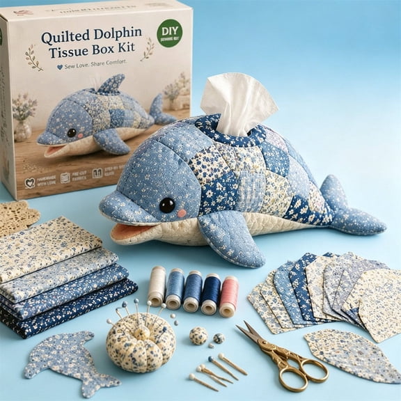 MMJ Sewing Kit Sea Animal Tissue Box Cover Handmade Quilted Patchwork Beginner Friendly Fun Craft Set