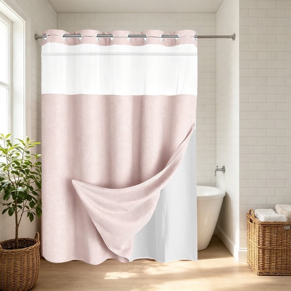 MMJ Shower Curtain Textured Color Block Waffle Weave Fabric Waterproof Snap Hooks Punch Free Bathroom Curtain 75x71in