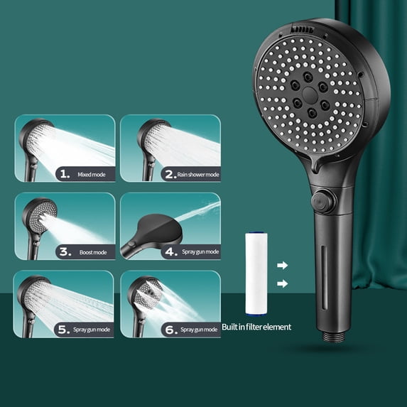 MMJ Shower Head 6 Modes High Pressure with Water Filter and One Key Stop for Bathroom