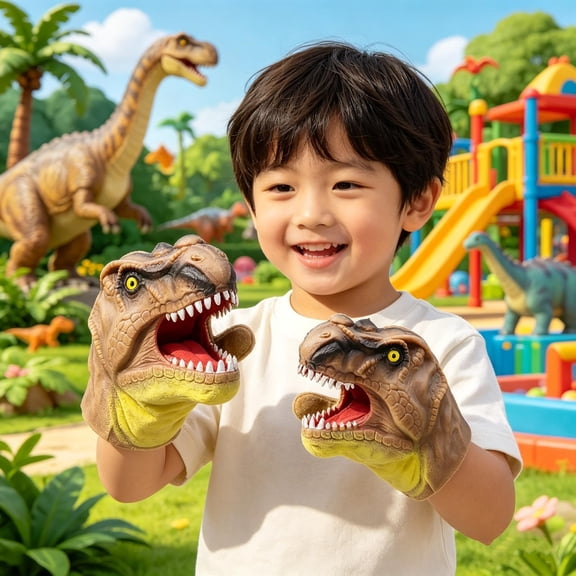 MMJ Soft Rubber Dinosaur Hand Puppet Gloves Simulation Animal Model Tyrannosaurus Triceratops Shark Arm Toy Pretend Play
