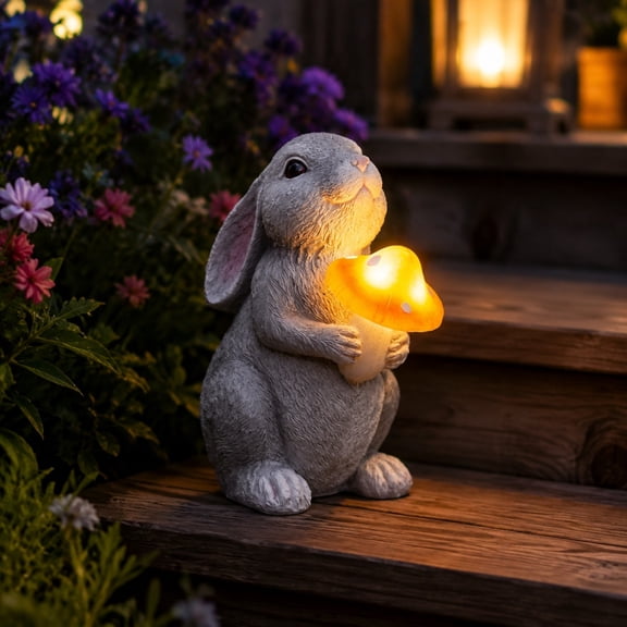 MMJ Solar Lights Outdoor Rabbit Holding Mushroom Garden Statue Resin LED Decorative Ornament for Patio Yard