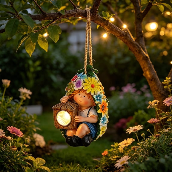 MMJ Solar Lights Outdoor Resin Fruit Statue Garden Lamp Waterproof Hanging Tree Light for Yard 4.7x3.1x3.1in