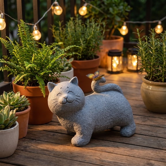 MMJ Solar Powered Cat Figurine Garden Light Outdoor Resin Statue LED Courtyard Lawn Patio Decorative Ornament