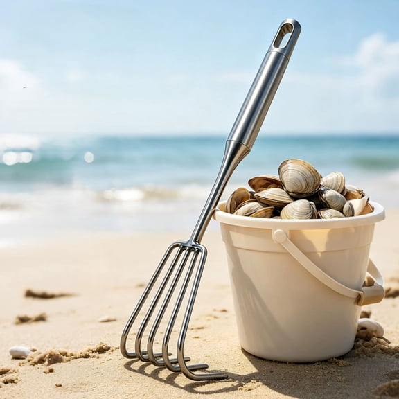 MMJ Stainless Steel Beach Rake 5 Tine Heavy Duty for Digging Clams Crabs Shells 11.81x3.15in