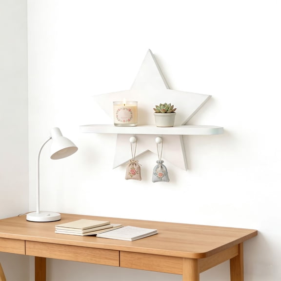 MMJ Star Shaped Wall Shelf Wooden Decorative Shelf with Hooks Floating Organizer Rack Entryway Bedroom