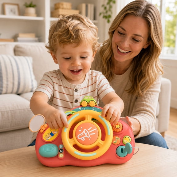 MMJ Steering Wheel Toy Simulation Driving Educational Play Set with Sounds Lights Portable Travel Car Seat