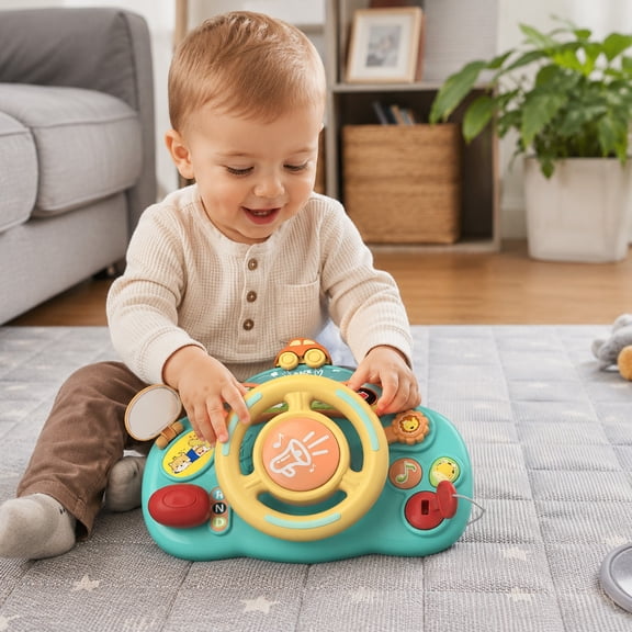 MMJ Steering Wheel Toy Simulation Driving Educational Play Set with Sounds Lights Portable Travel Car Seat